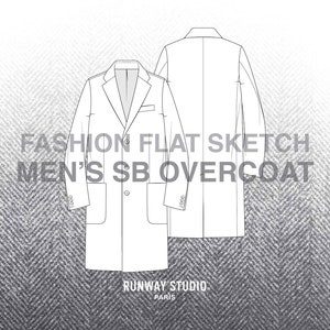 May include: A line drawing of a long, double-breasted overcoat with a single button closure at the waist. The drawing is in black and white and shows the front and back views of the coat. The text "FASHION FLAT SKETCH MEN'S SB OVERCOAT" is at the top of the image. The text "RUNWAY STUDIO PARIS" is at the bottom of the image.