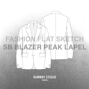 May include: A black and white line drawing of a blazer with a peak lapel. The blazer is shown from the front and back. The text "FASHION FLAT SKETCH SB BLAZER PEAK LAPEL" is written above the blazer. The text "RUNWAY STUDIO PARIS" is written below the blazer.