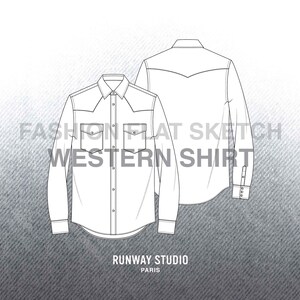 Men&#39;s DENIM WESTERN SHIRT Fashion Flat Sketch - Fashion Vector Sketch - Menswear Fashion Flats Sketch