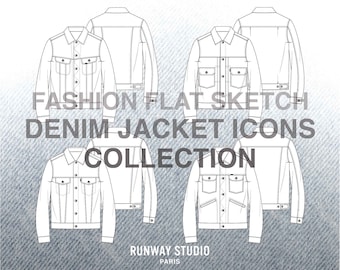 COLLECTION - 4 x DENIM JACKET Fashion Vector Sketch - Fashion Flat Sketch - Denim Lee 101J Rider Wrangler 124MJ Levis Type 2 Type 3 Sketch