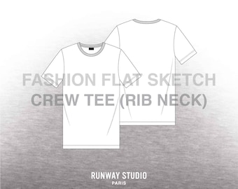 CREW NECK T-SHIRT Rib Neck Fashion Flat Sketch - Fashion Vector Sketch - Fashion Flats Technical Fashion Sketch Fashion Design Tools