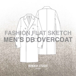May include: A line drawing of a double-breasted overcoat with a long length. The drawing shows the front and back views of the coat. The text "FASHION FLAT SKETCH MEN'S DB OVERCOAT RUNWAY STUDIO PARIS" is included in the image.