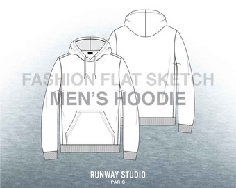 Men’s HOODIE Fashion Flat Sketch - Fashion Vector Sketch - Technical Fashion Sketch - Popover Sweatshirt Menswear Unisex