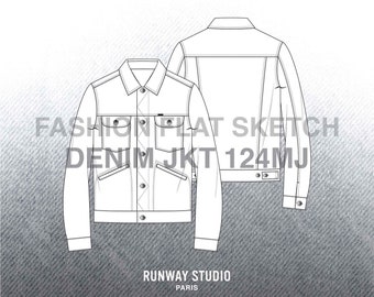 デニムジャケット ファッション フラット スケッチ - Wrangler 124MJ にインスパイアされた - ファッション ベクター スケッチ - テクニカル ファッション スケッチ - デニム デザイン メンズウェア スケッチ