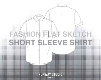 SHORT SLEEVE SHIRT Fashion Flat Sketch - Fashion Vector Sketch - Technical Fashion Sketch - Menswear Design Button-Up Shirt Sketch