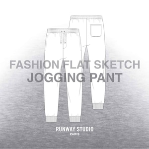 Op de afbeelding: Een platte schets van een joggingbroek met een trekkoord in de tailleband en een zak op het rechter achterbeen. De tekst "FASHION FLAT SKETCH JOGGING PANT" staat boven de broek en "RUNWAY STUDIO PARIS" staat onder de broek.