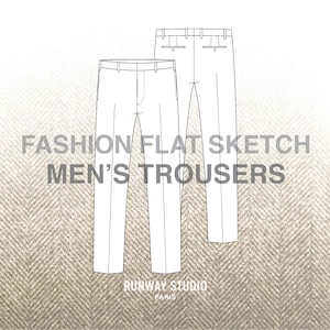 Puede incluir: Dibujo de línea de un pantalón con vista frontal y posterior. El dibujo está sobre un fondo beige con un patrón de espiga. El texto "FASHION FLAT SKETCH MEN'S TROUSERS" está por encima del dibujo. El texto "RUNWAY STUDIO PARIS" está debajo del dibujo.