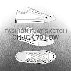 Pode incluir: Um desenho a preto e branco de um ténis baixo com o texto "FASHION FLAT SKETCH CHUCK 70 LOW" e "RUNWAY STUDIO PARIS" na imagem.