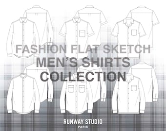 COLLECTION - 6 x MEN'S SHIRTS Fashion Flat Sketch - Fashion Vector Sketch - Menswear Shirts Fashion Design Fashion Flats