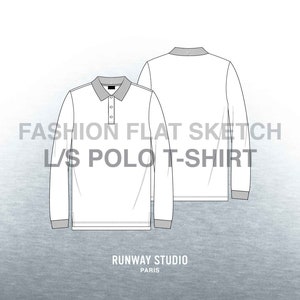 Men&#39;s LS POLO T-SHIRT Fashion Flat Sketch  - Fashion Vector Sketch - Long Sleeve Polo Tee Fashion Flats Vectors Technical Sketch