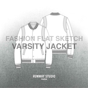 Op de afbeelding: Een wit varsity jack met zwarte en grijze strepen aan de zoom. Het jack heeft een drukknoopsluiting en twee zakken. De tekst "FASHION FLAT SKETCH VARSITY JACKET" is op de afbeelding gedrukt. De tekst "RUNWAY STUDIO PARIS" is onderaan de afbeelding gedrukt.