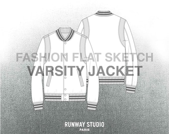 Men's VARSITY JACKET Fashion Flat Sketch - Fashion Vector Sketch - Technical Fashion Sketch - Menswear Bomber Jacket Sketch