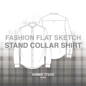 STAND COLLAR SHIRT Fashion Flat Sketch - Fashion Vector Sketch - Menswear Mandarin Collar Fashion Flats Technical Sketch