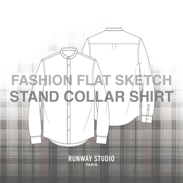 STAND COLLAR SHIRT Fashion Flat Sketch - Fashion Vector Sketch - Menswear Mandarin Collar Fashion Flats Technical Sketch