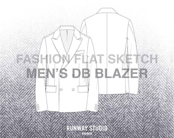 Men's tailored DB BLAZER Fashion Flat Sketch - Fashion Vector Sketch - Menswear Tailoring Sketch - Fashion Flats Technical Sketch