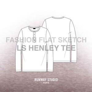 Könnte beinhalten: Ein weißes Langarm-Henley-Shirt mit Knopfleiste. Das Shirt ist in einer flachen Skizzenform mit Vorder- und Rückseite dargestellt.
