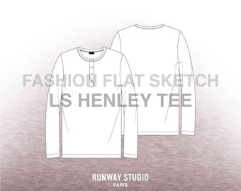LS HENLEY T-SHIRT Fashion Flat Sketch - Fashion Vector Sketch - Technical Fashion Sketch - Unisex Long Sleeve Tee Sketch