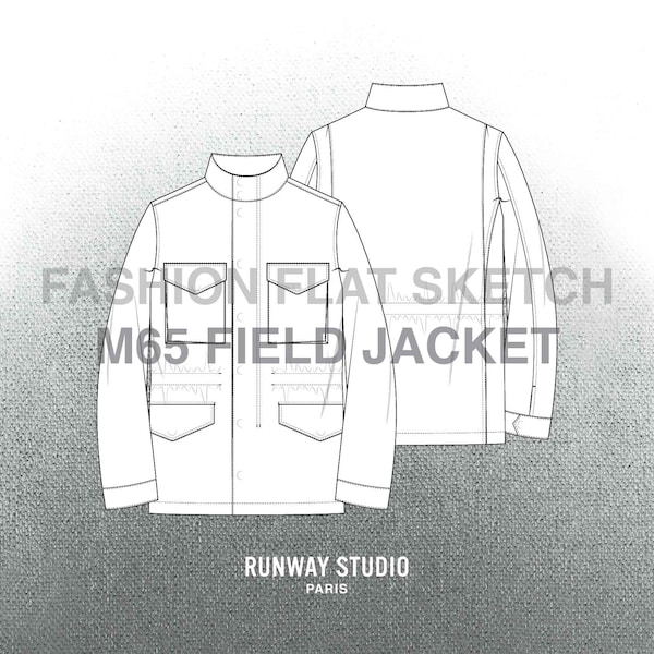 Men’s M65 FIELD JACKET Fashion Flat Sketch - Fashion Vector Sketch - Technical Fashion Sketch - Menswear Military Fashion Sketch
