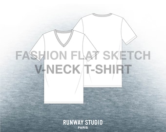 V-NECK T-SHIRT Fashion Flat Sketch - Fashion Vector Sketch - Technical Sketch Fashion Design