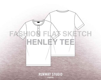 SS ヘンリー Tシャツ ファッション フラット スケッチ - ファッション ベクター スケッチ - テクニカル ファッション スケッチ - ユニセックス 半袖 T シャツ スケッチ