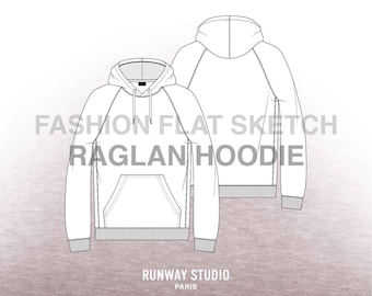 Men's RAGLAN HOODIE Fashion Flat Sketch - Fashion Vector Sketch - Menswear Hooded Sweatshirt Fleece Sketch