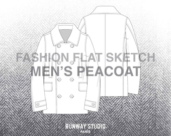 MEN'S PEACOAT Fashion Vector Sketch - Fashion Flat Sketch - Menswear Coat Outerwear Military Fashion Flats Technical Sketch