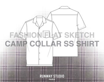 Men’s short sleeve CAMP COLLAR SHIRT Fashion Flat Sketch - Fashion Vector Sketch - Technical Fashion Sketch - Menswear Shirt Short Sleeve