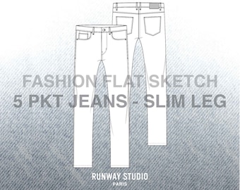 Men’s 5-Pocket SLIM LEG JEAN Fashion Flat Sketch - Fashion Vector Sketch - Technical Fashion Sketch - Denim Design Menswear Sketch