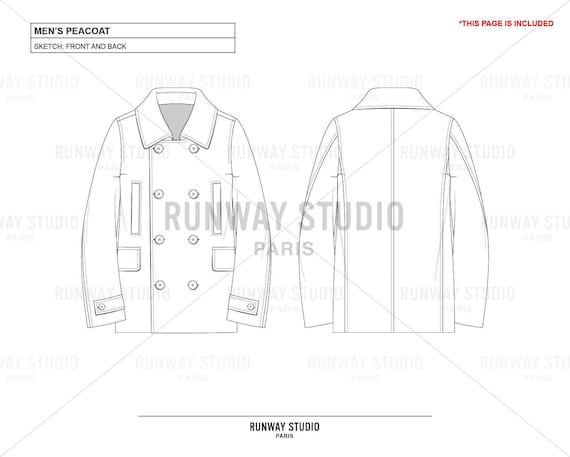 MEN'S PEACOAT Fashion Vector Sketch - Fashion Flat Sketch