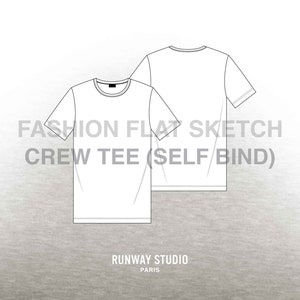 CREW NECK T-SHIRT self neck bind Fashion Flat Sketch  - Fashion Vector Sketch - Technical Fashion Sketch - Jersey T-Shirt Fashion Sketch