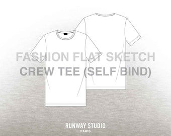 CREW NECK T-SHIRT self neck bind Fashion Flat Sketch  - Fashion Vector Sketch - Technical Fashion Sketch - Jersey T-Shirt Fashion Sketch