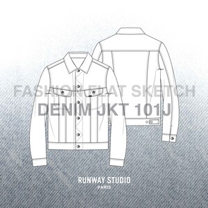 May include: A line drawing of a denim jacket with a button-up front, two pockets, and long sleeves. The jacket is shown in both front and back views. The text "FASHION FLAT SKETCH DENIM JKT 101J" is printed on the image. The text "RUNWAY STUDIO PARIS" is printed at the bottom of the image.