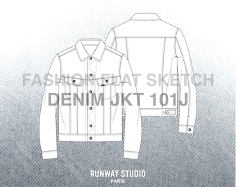 DENIM JACKET Fashion Flat Sketch - Lee 101J Rider-style - Fashion Vector Sketch - Technical Fashion Sketch - Denim Sketch
