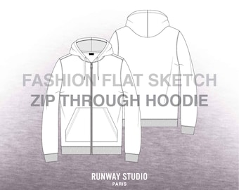 Men’s ZIP-THROUGH HOODIE Fashion Flat Sketch - Fashion Vector Sketch - Technical Fashion Sketch - Sweatshirt Menswear Sketch