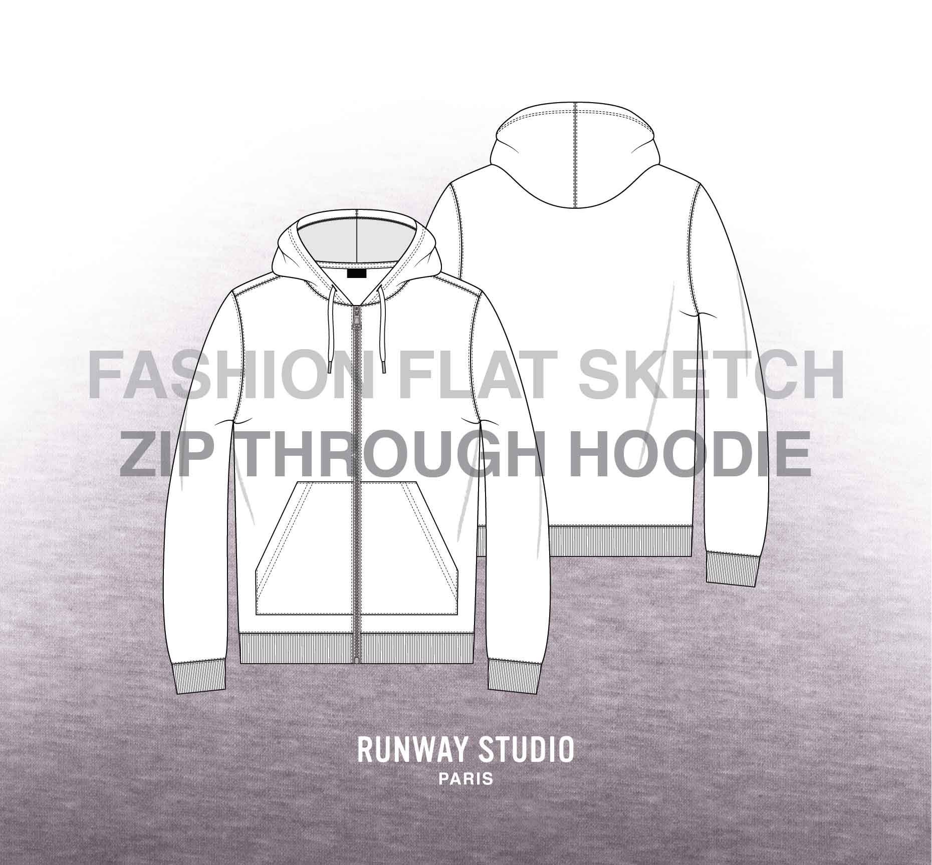 Image Details IST_21848_00849 - Technical sketch for men hoodie. Mockup  template hoody. Front and back view. Technical drawing kids clothes.  Sportswear, casual urban style. Isolated object of fashion stylish wear.  Technical sketch