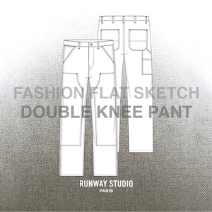May include: Line drawing fashion flat sketch of a double knee pant with two large pockets on the front and one large pocket on the back. The text "FASHION FLAT SKETCH DOUBLE KNEE PANT" is written in black above the pants. The text "RUNWAY STUDIO PARIS" is written in black below the pants.
