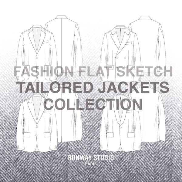 MAßGESCHNEIDERTE JACKEN KOLLEKTION Fashion Flat Sketches - Fashion Vector Sketch - Technische Modeskizze - Herrenmode Schneider Blazer Skizze