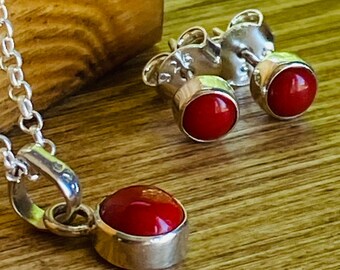 Red Coral Pendant necklace and studs earrings  set 925 sterling silver small gemstone birthstone Aires zodiac crystal jewelry gifts for her