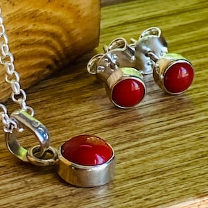 Red Coral Pendant necklace and studs earrings  set 925 sterling silver small gemstone birthstone Aires zodiac crystal jewelry gifts for her