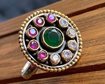 Sterling silver and gold ruby and green onyx ring with crystal quartz-handmade unique 25 mm statement ring-adjustable ring gifts for women