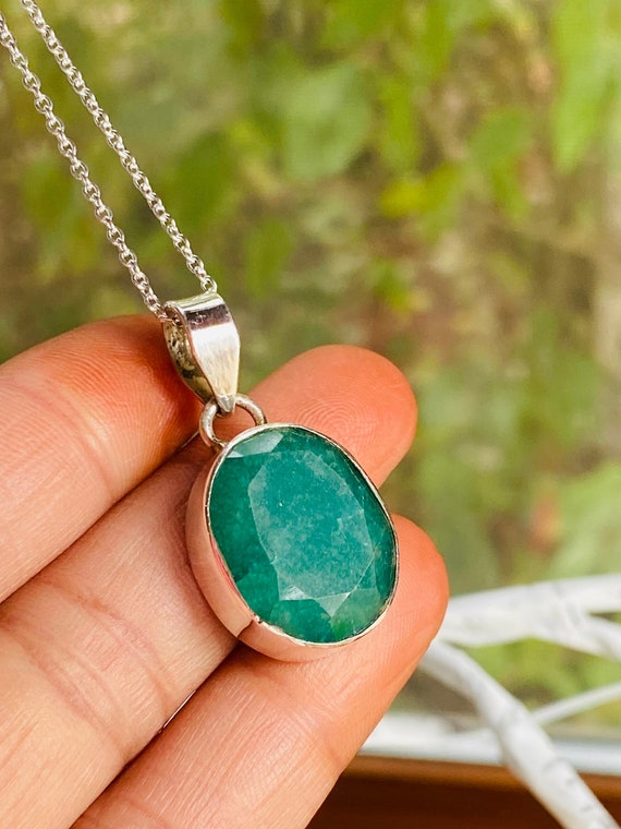 Emerald pendant necklace 925 Sterling silver bezel set rose cut raw real green Emerald May Birthstone crystal jewelry gifts for mens women
