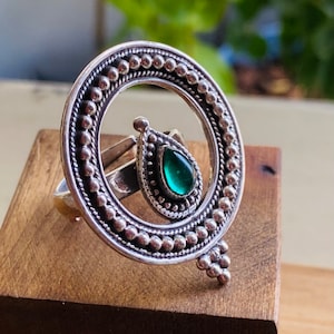 Sterling silver green onyx gemstone ring 925 extra large carved handmade ring- unique 35 mm statement ring- adjustable rings for her women