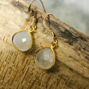 Small Moonstone drop earrings gold silver wire bezel tiny moonstone teardrop dangles dainty gemstone minimal moonstone wedding earrings gift