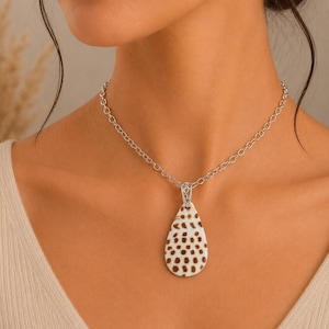 Spotted Shell Pendant -Large Sterling Silver Necklace for Men Women | Natural Brown Cowrie Shell Necklace Jewelry