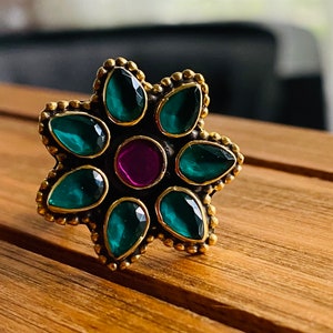 Sterling silver and gold green onyx ring and pink natural ruby flower ring-handmade unique 25 mm statement ring-adjustable rings for women