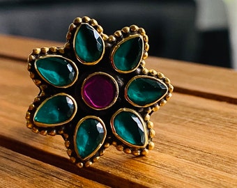 Sterling silver and gold green onyx ring and pink natural ruby flower ring-handmade unique 25 mm statement ring-adjustable rings for women