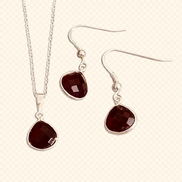 Garnet Pendant Necklace Set • January Birthstone Jewelry • Small Sterling Silver Teardrop • Faceted Garnet Crystal • Aquarius Zodiac Gifts