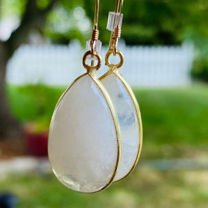 Moonstone earrings long teardrops gold filled vermeil wire bezel blue fire flash large gemstone drops white dangles handmade jewelry gifts
