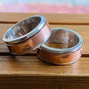 Sterling silver and copper spinner rings for men women. Two metal fidget rings stacking bands worry ring handmade anxiety ring for him her