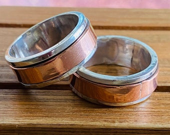 Sterling silver and copper spinner rings for men women. Two metal fidget rings stacking bands worry ring handmade anxiety ring for him her